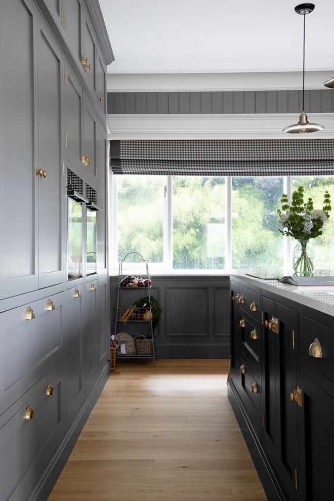 window view of fitted grey kitchen