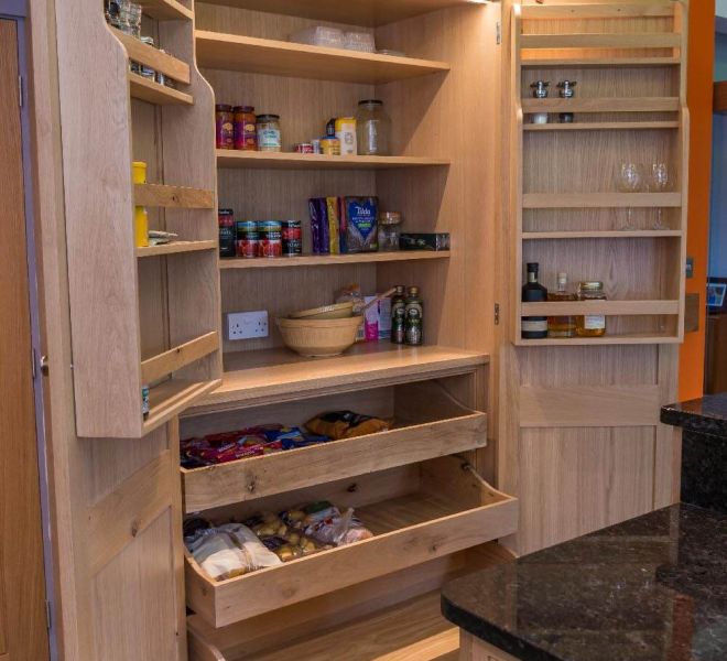 open wooden storage cupboard