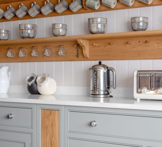 kitchen cabinets with wooden shelves