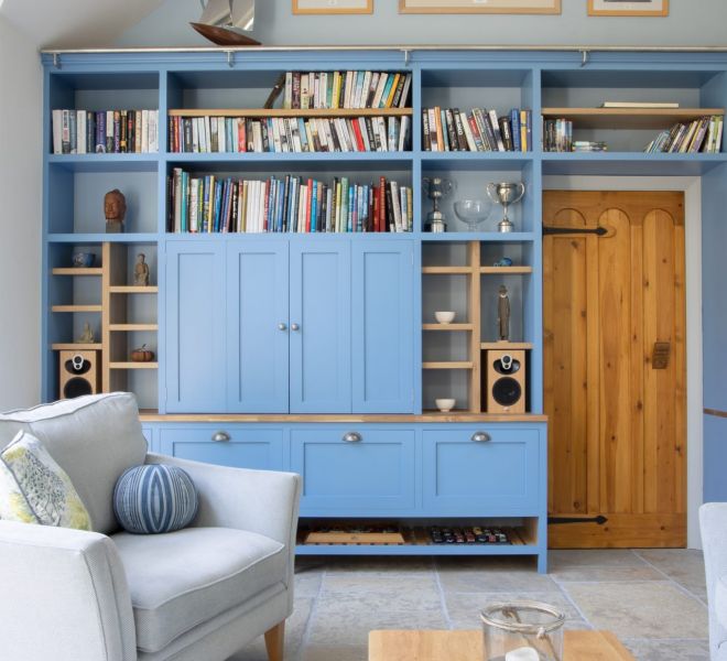 room view of blue fitted cupboards