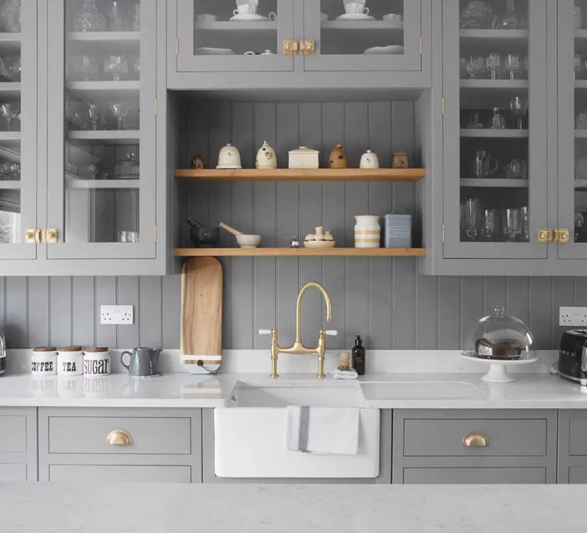 contemporary kitchen with open shelving and cabinets