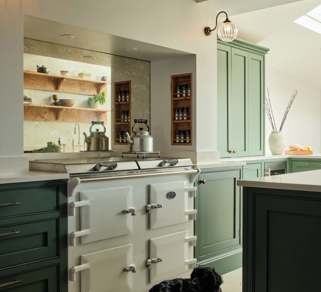 white and green kitchen with oven