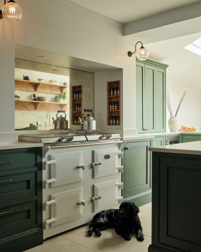 white and green kitchen with oven